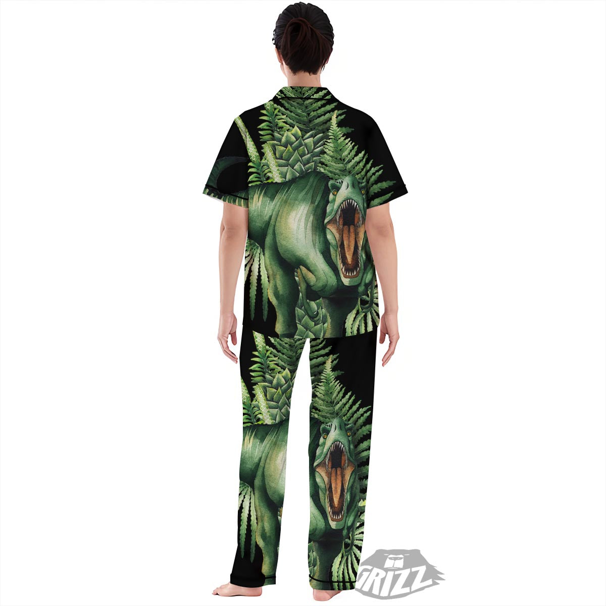 Dinosaur T Rex And Jurassic Plants Print Women's Pajamas Set-grizzshop