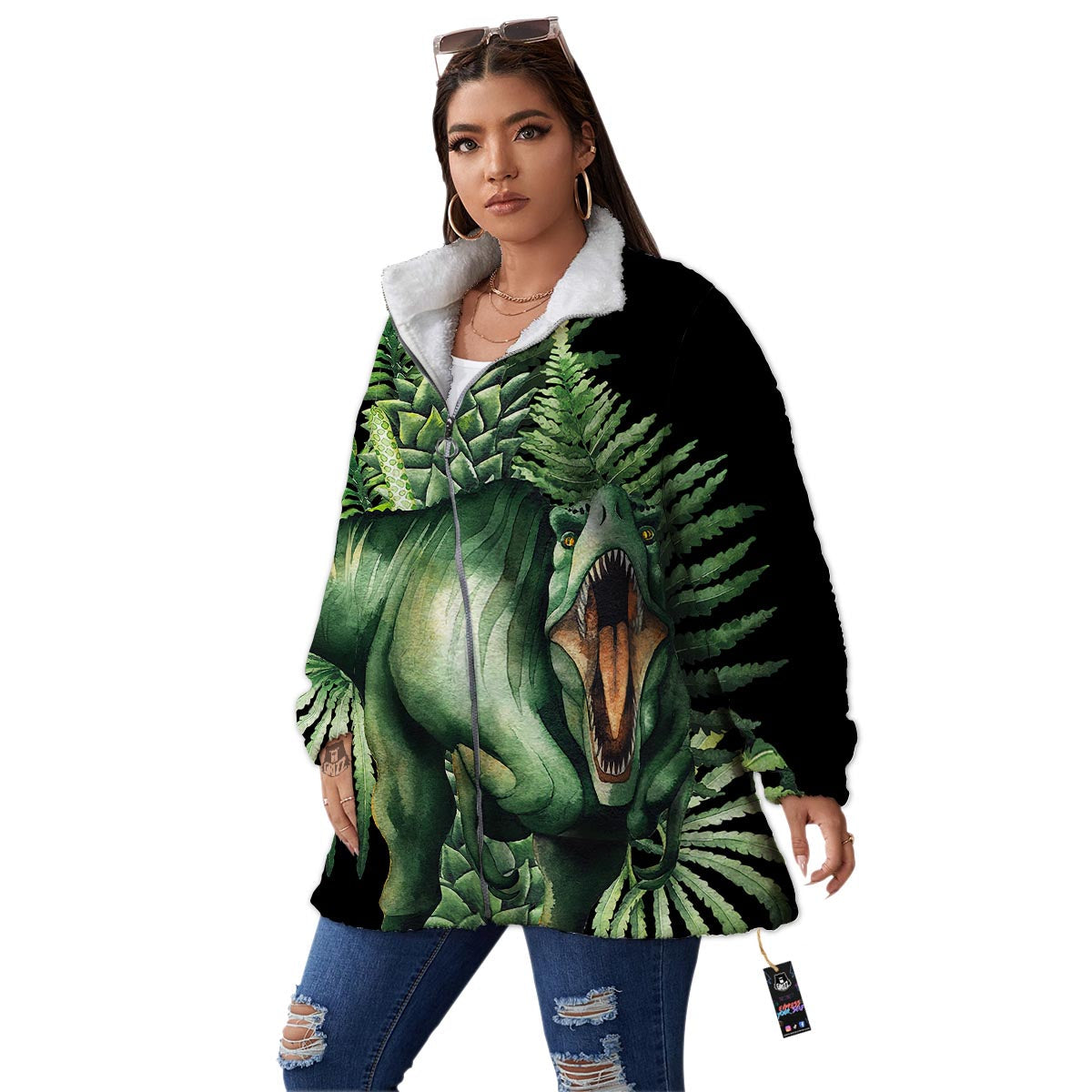 Dinosaur T Rex And Jurassic Plants Print Women's Sherpa Jacket-grizzshop