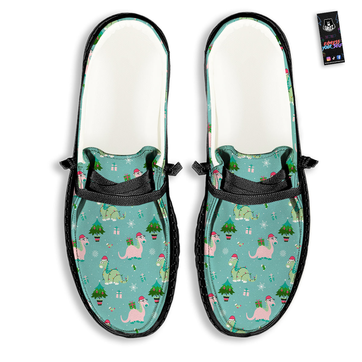 Dinosaur Xmas Print Pattern Black Loafers-grizzshop