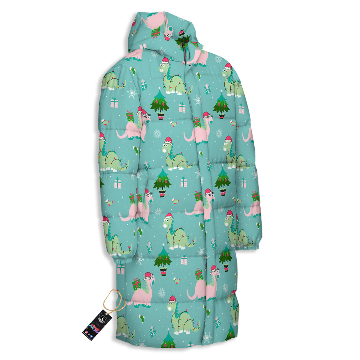 Dinosaur Xmas Print Pattern Long Down Jacket-grizzshop