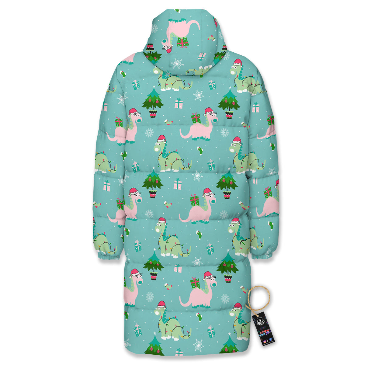 Dinosaur Xmas Print Pattern Long Down Jacket-grizzshop