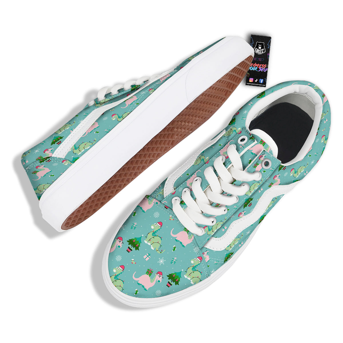 Dinosaur Xmas Print Pattern Skate Shoes-grizzshop