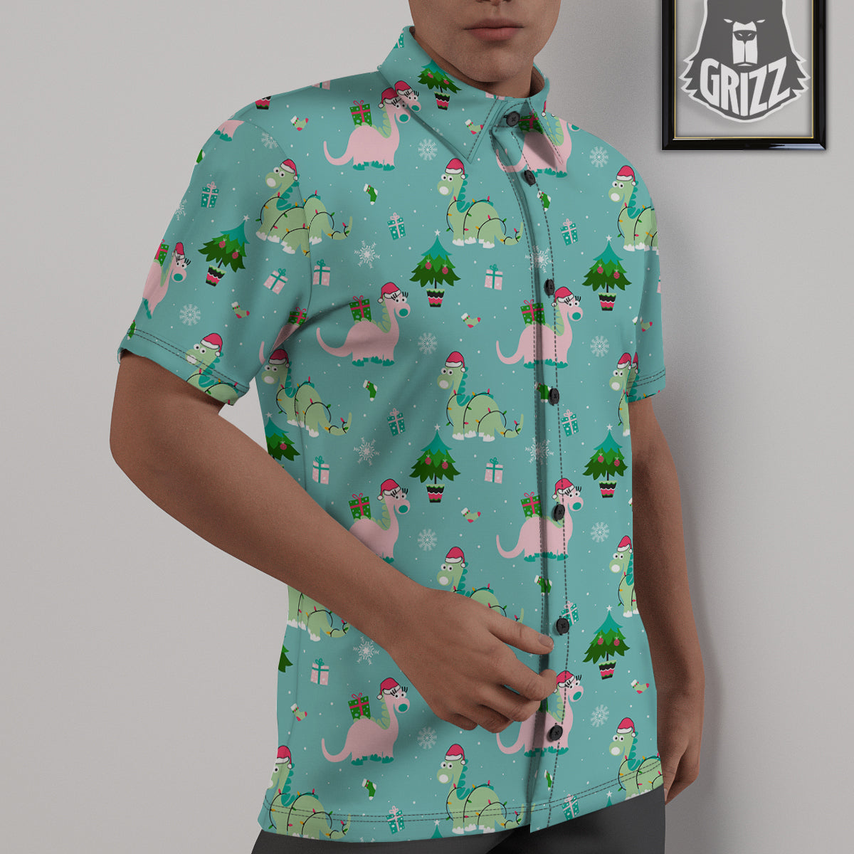 Dinosaur Xmas Print Pattern Untucked Shirts-grizzshop