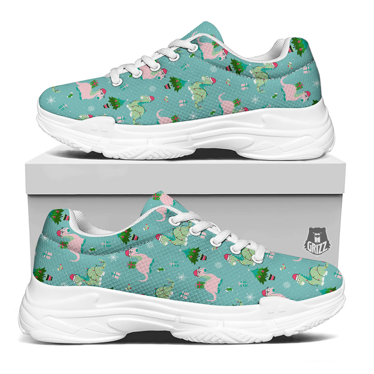 Dinosaur Xmas Print Pattern White Chunky Shoes-grizzshop