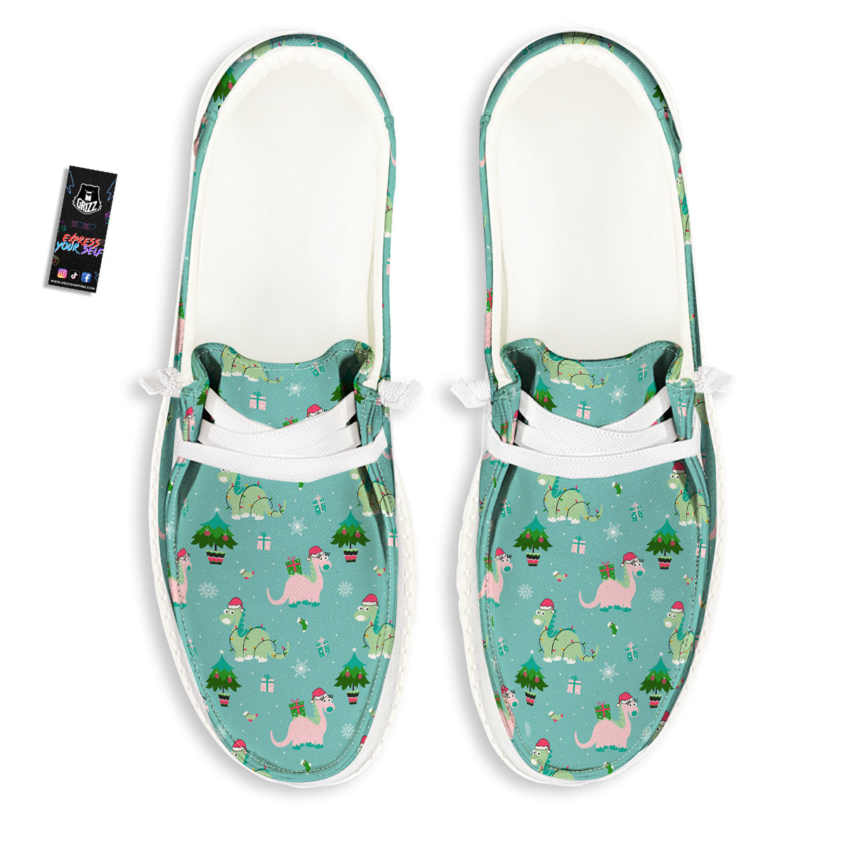 Dinosaur Xmas Print Pattern White Loafers-grizzshop