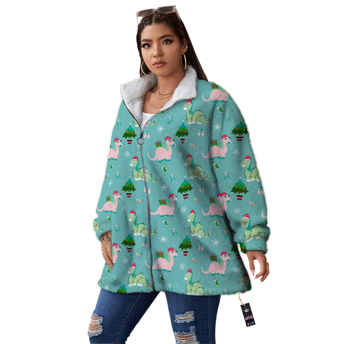 Dinosaur Xmas Print Pattern Women's Sherpa Jacket-grizzshop