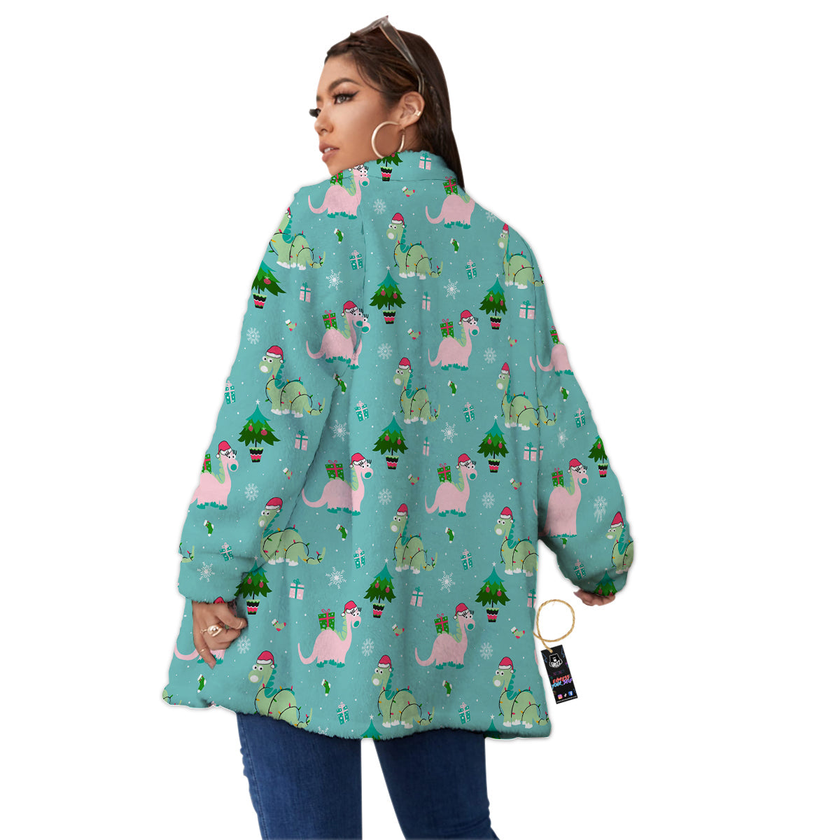 Dinosaur Xmas Print Pattern Women's Sherpa Jacket-grizzshop