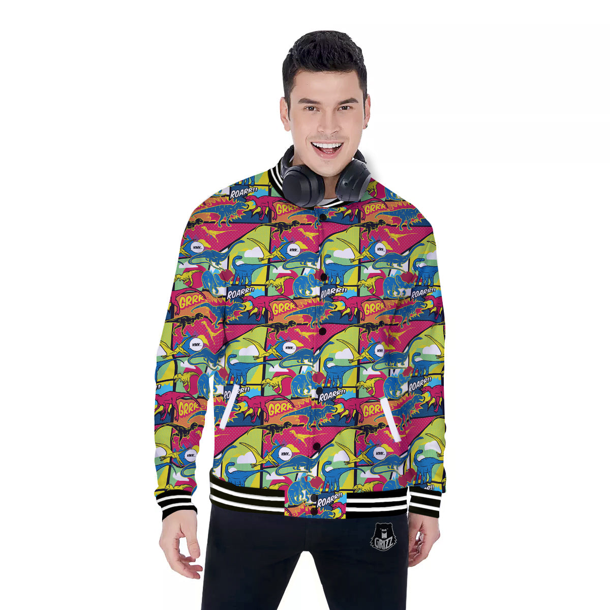 Dinosaurs Comic Print Pattern Baseball Jacket-grizzshop