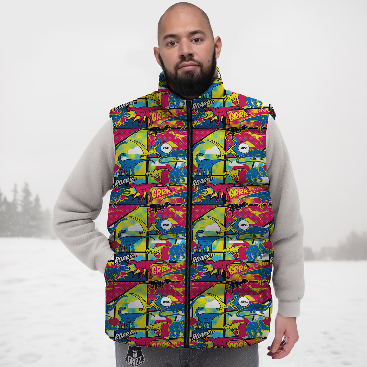 Dinosaurs Comic Print Pattern Down Vest-grizzshop