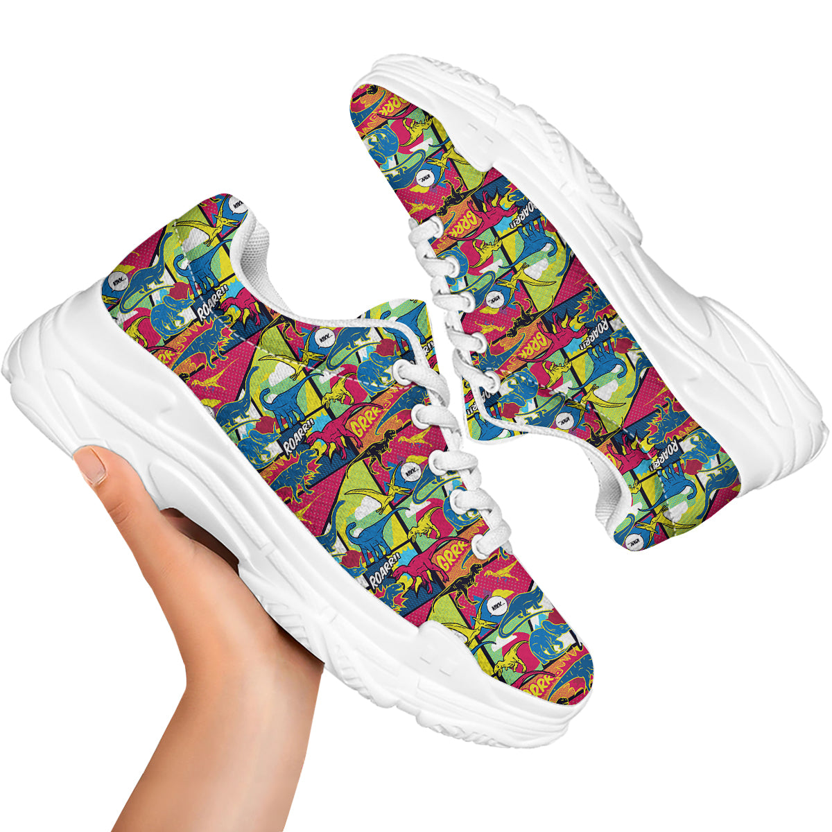 Dinosaurs Comic Print Pattern White Chunky Shoes-grizzshop