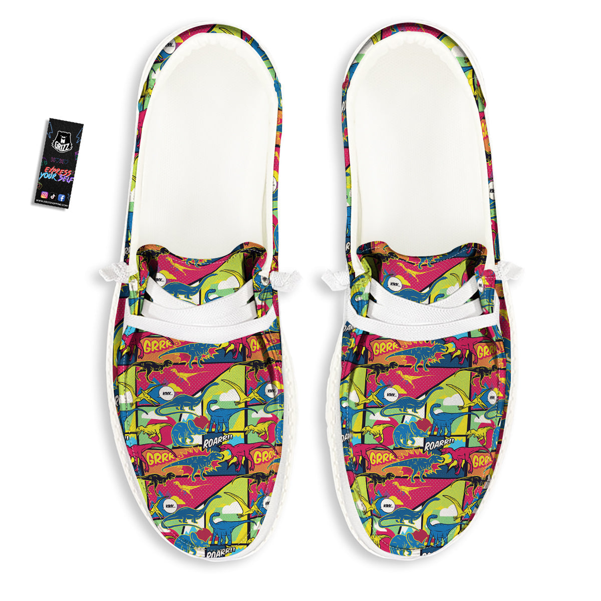 Dinosaurs Comic Print Pattern White Loafers-grizzshop