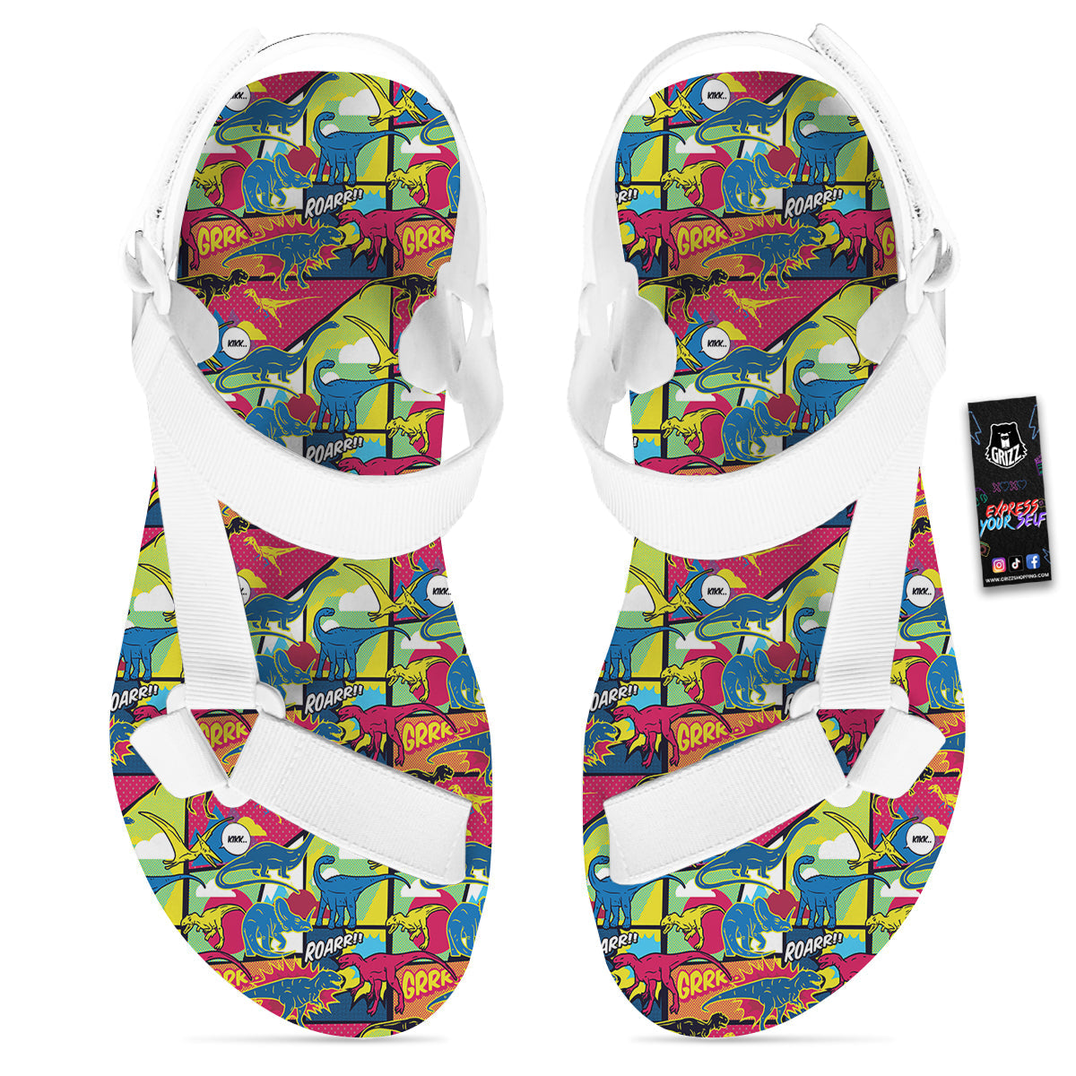 Dinosaurs Comic Print Pattern White Open Toe Sandals-grizzshop