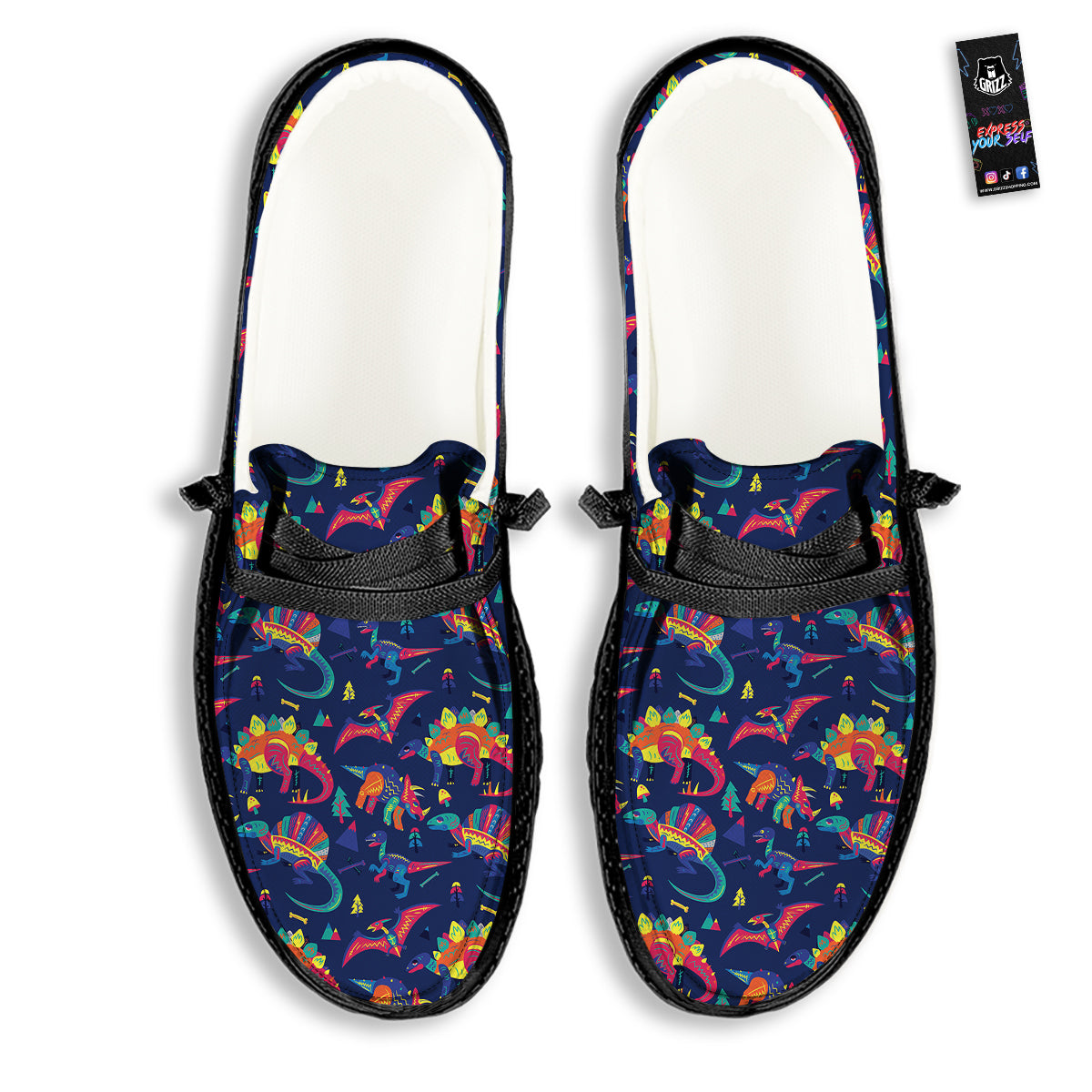 Dinosaurs Cute Colorful Print Pattern Black Loafers-grizzshop