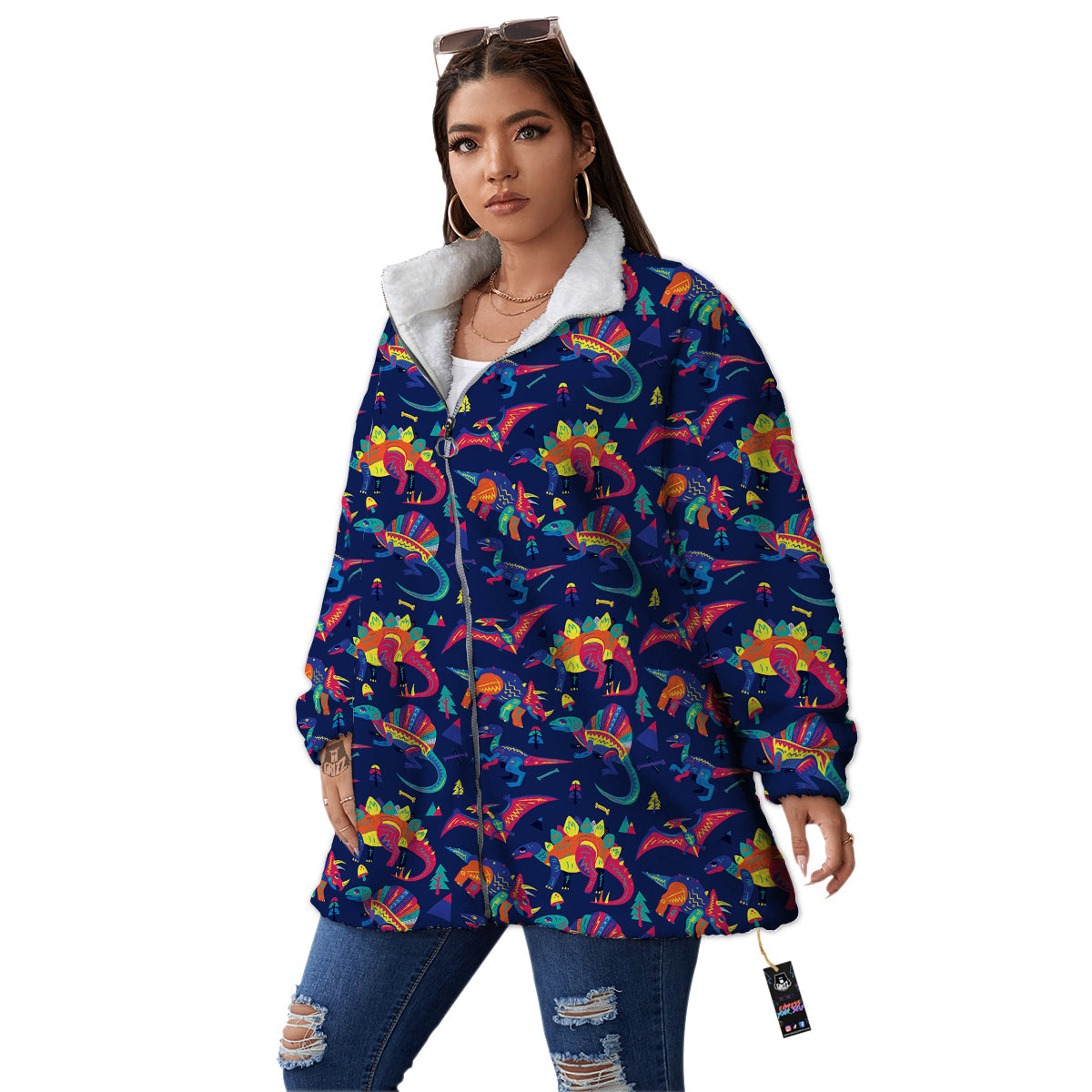 Dinosaurs Cute Colorful Print Pattern Women's Sherpa Jacket-grizzshop
