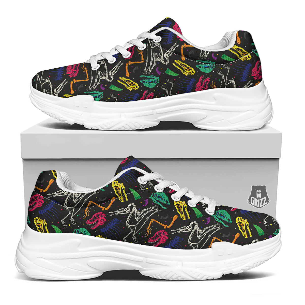 Dinosaurs Fossil Colorful Print Pattern White Chunky Shoes-grizzshop