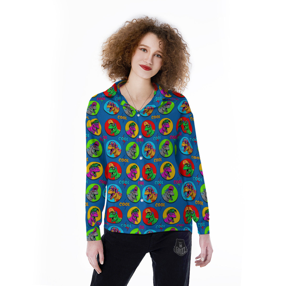 Dinosaurs Pop Art Print Pattern Women's Long Sleeve Shirts-grizzshop