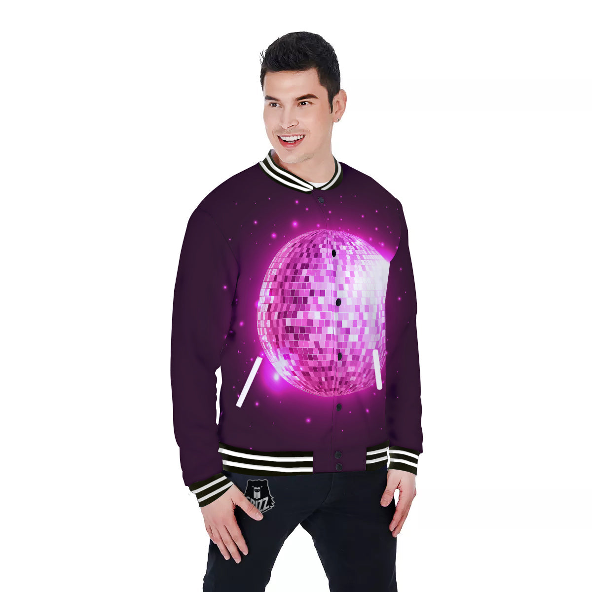Disco Ball Light Pink Print Baseball Jacket-grizzshop
