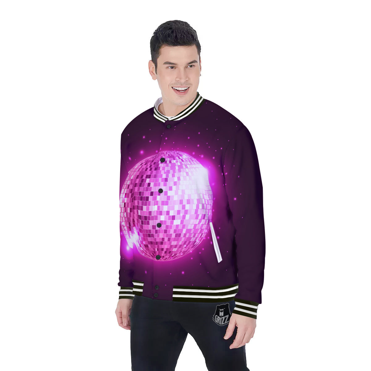 Disco Ball Light Pink Print Baseball Jacket-grizzshop