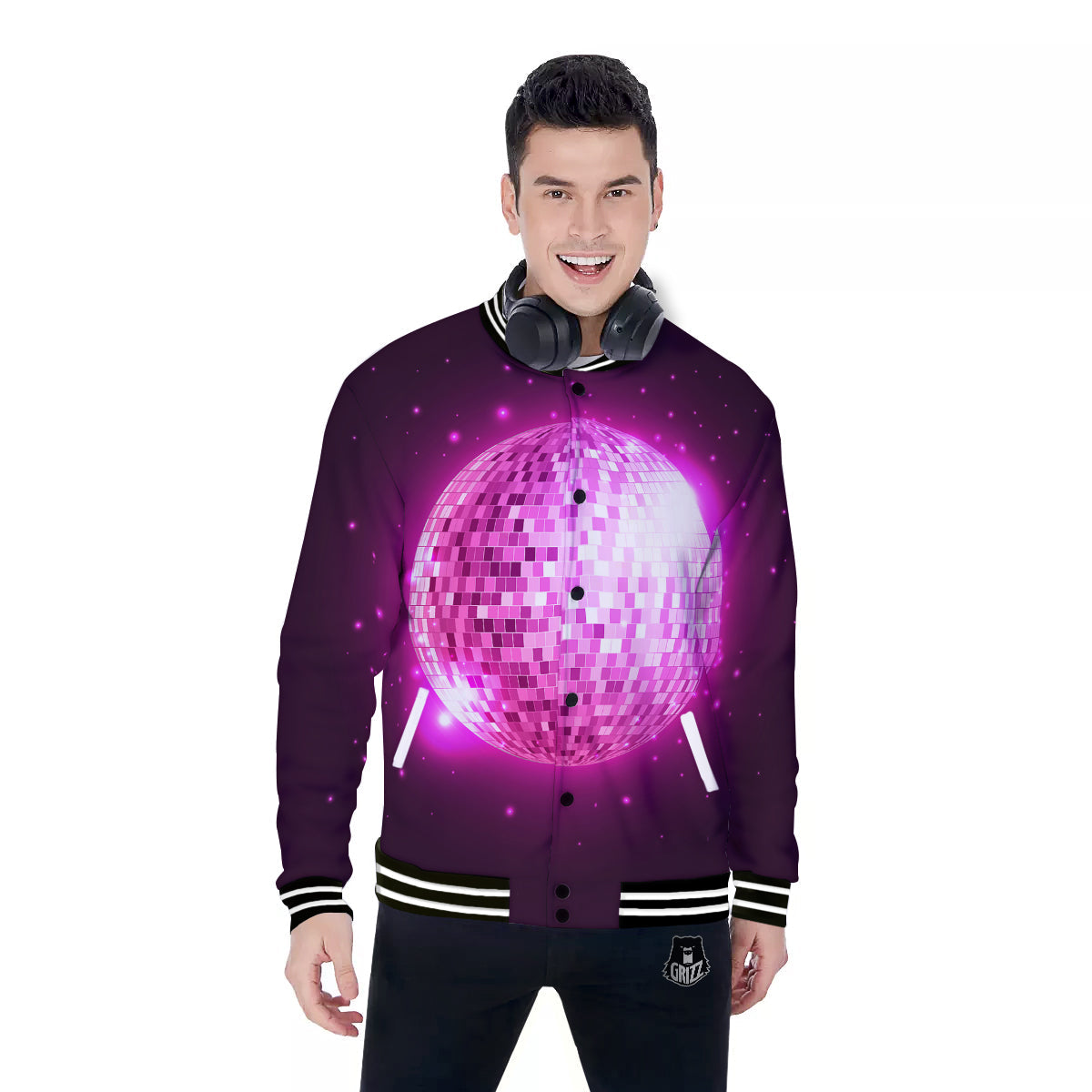 Disco Ball Light Pink Print Baseball Jacket-grizzshop