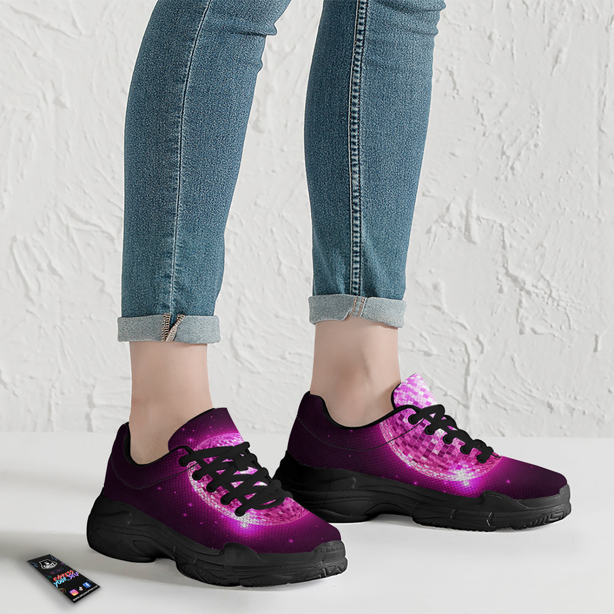 Disco Ball Light Pink Print Black Chunky Shoes-grizzshop