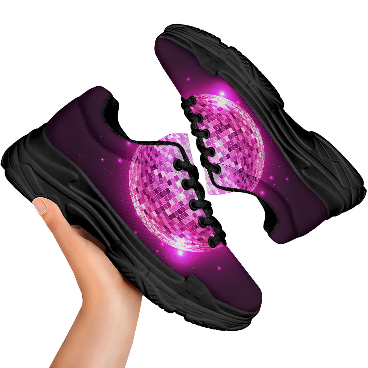 Disco Ball Light Pink Print Black Chunky Shoes-grizzshop
