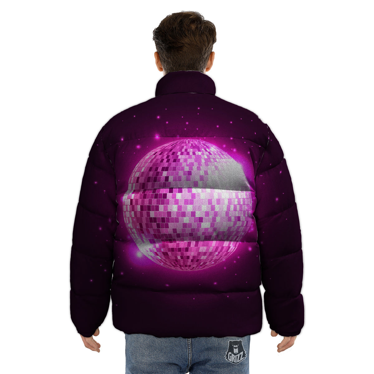 Disco Ball Light Pink Print Puffer Jacket-grizzshop