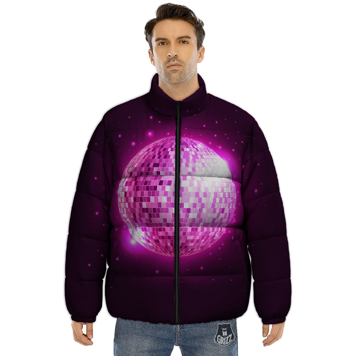 Disco Ball Light Pink Print Puffer Jacket-grizzshop