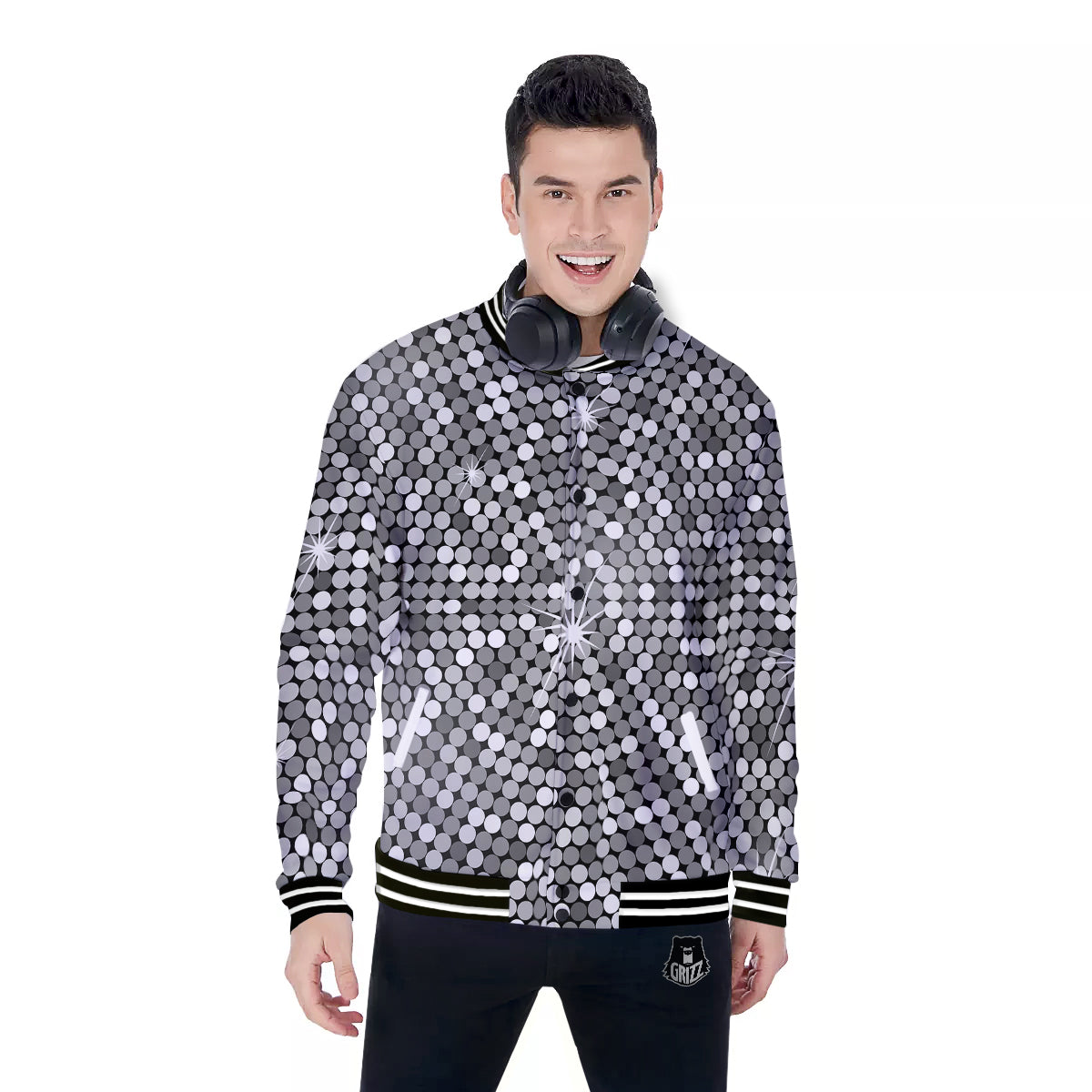 Disco Ball Texture Print Baseball Jacket-grizzshop