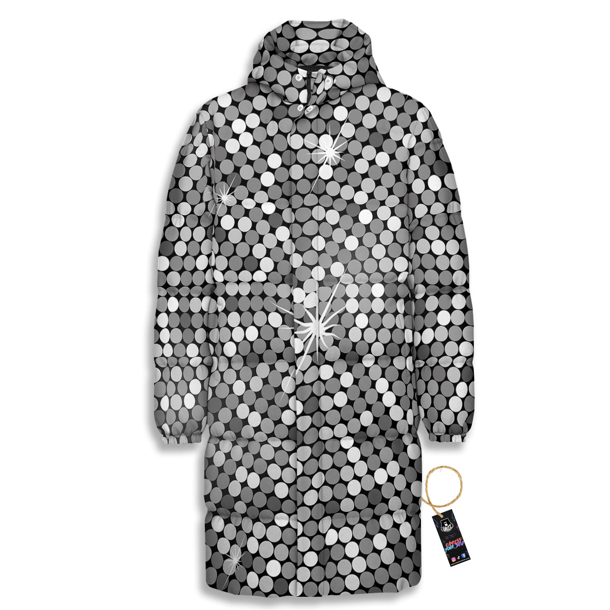 Disco Ball Texture Print Long Down Jacket-grizzshop