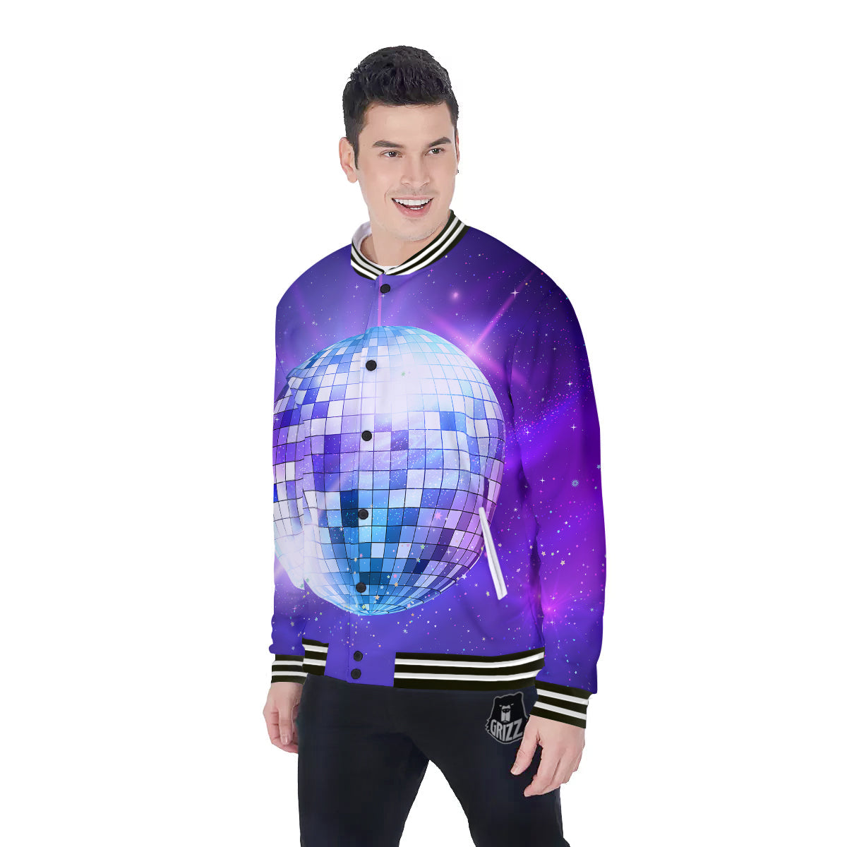 Disco Ball Ultraviolet Print Baseball Jacket-grizzshop