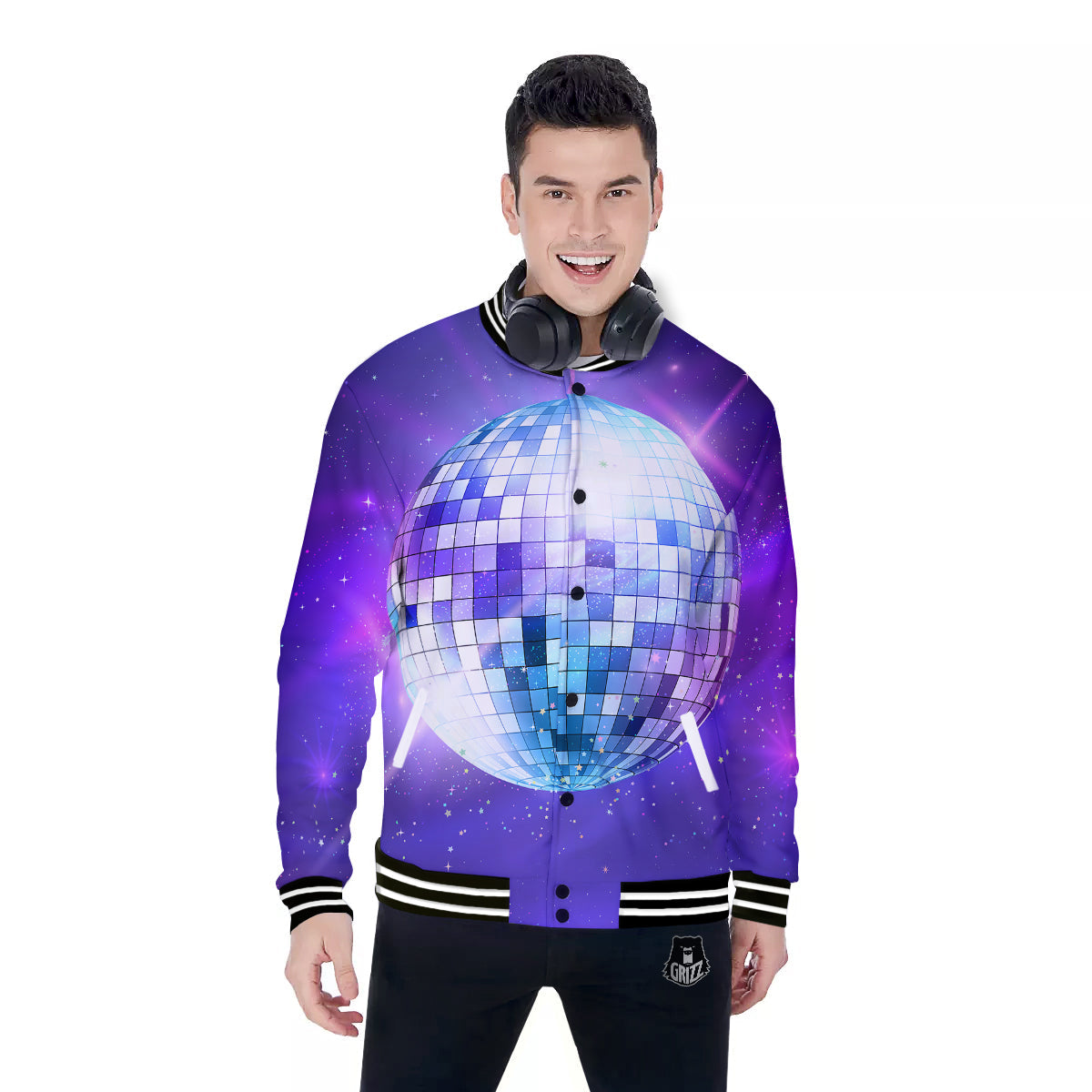 Disco Ball Ultraviolet Print Baseball Jacket-grizzshop