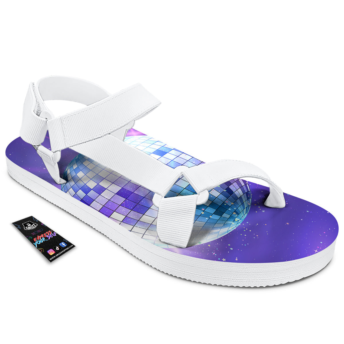 Disco Ball Ultraviolet Print White Open Toe Sandals-grizzshop