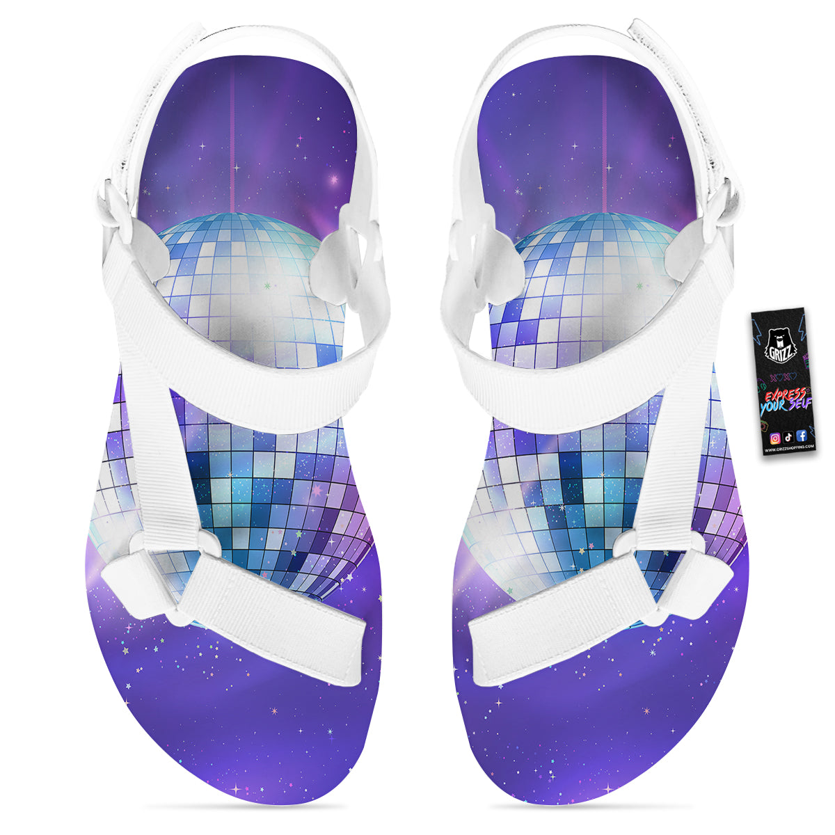 Disco Ball Ultraviolet Print White Open Toe Sandals-grizzshop