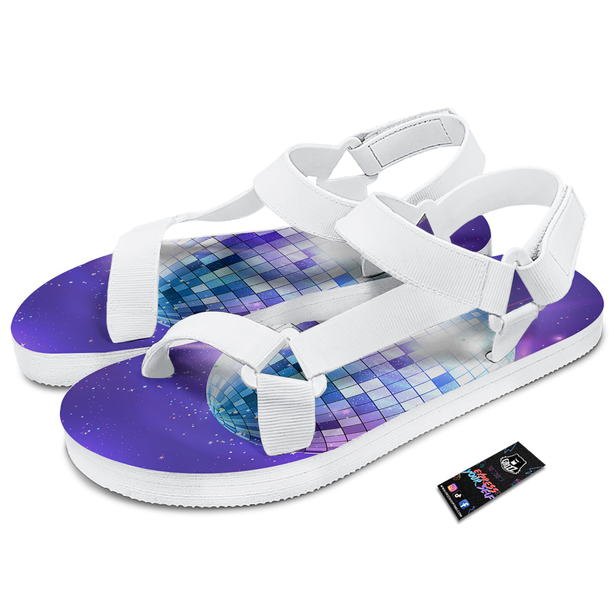 Disco Ball Ultraviolet Print White Open Toe Sandals-grizzshop