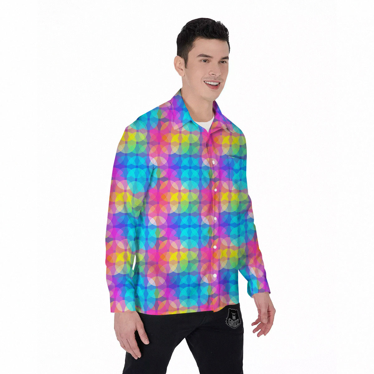 Disco Lights Colorful Print Pattern Men's Long Sleeve Shirts-grizzshop