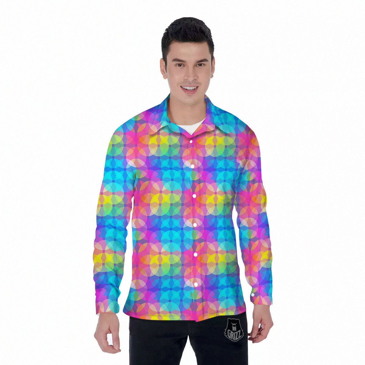 Disco Lights Colorful Print Pattern Men's Long Sleeve Shirts-grizzshop