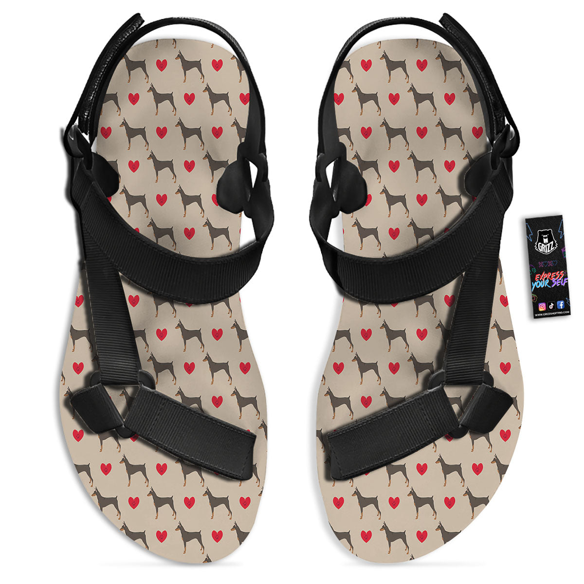 Dobermann Heart Print Pattern Black Open Toe Sandals-grizzshop