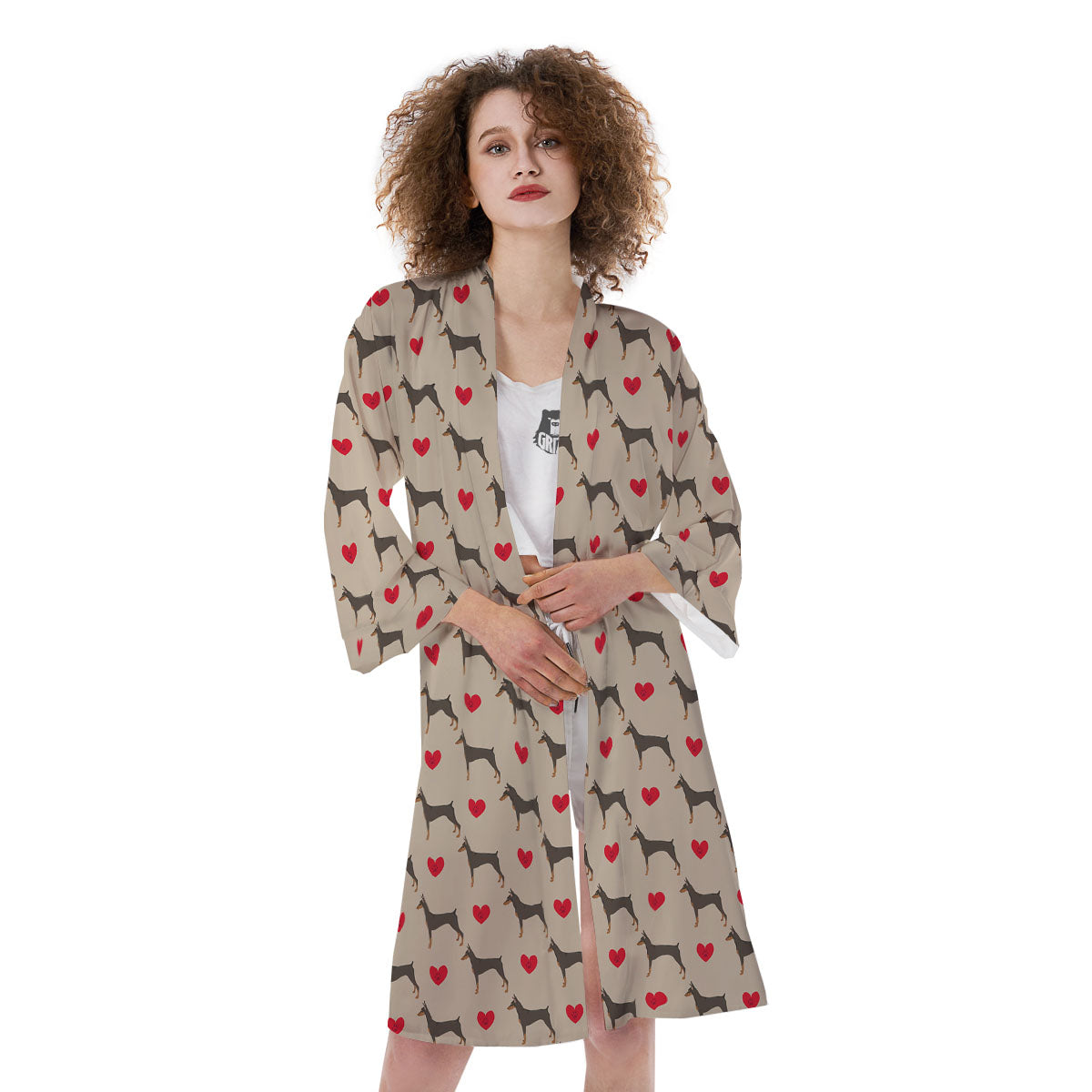 Dobermann Heart Print Pattern Kimono-grizzshop
