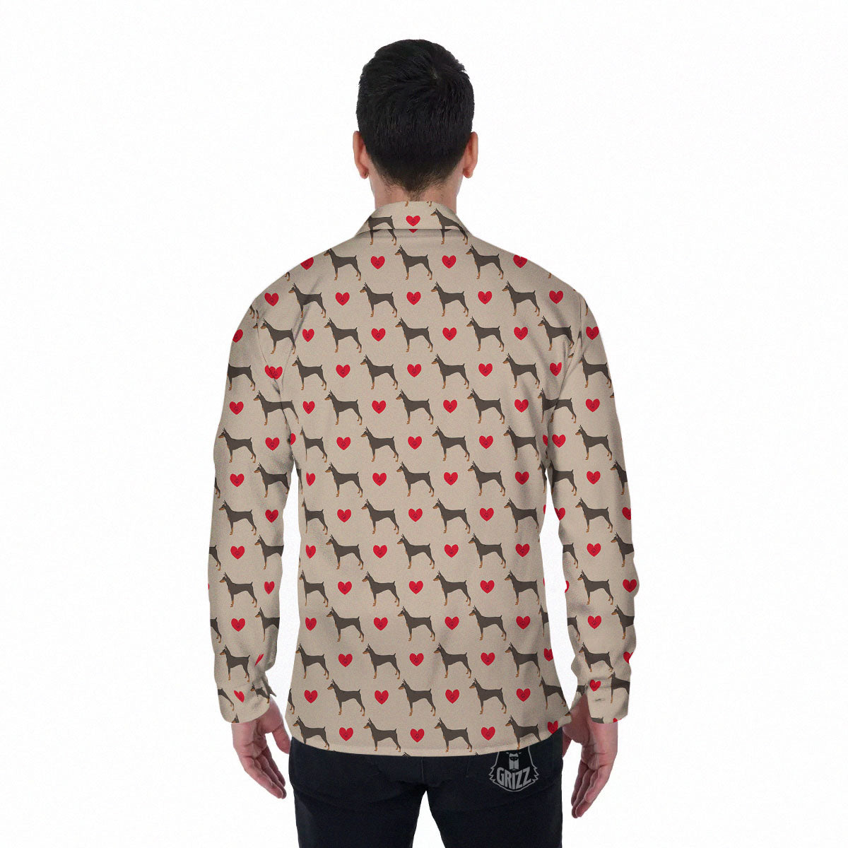 Dobermann Heart Print Pattern Men's Long Sleeve Shirts-grizzshop