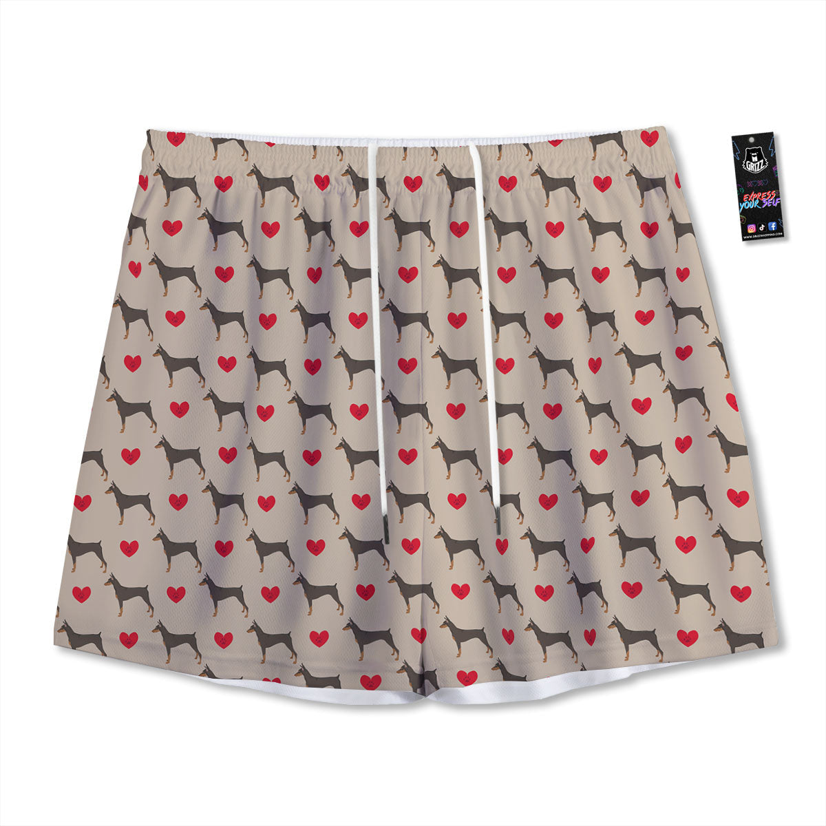 Dobermann Heart Print Pattern Mesh Shorts
