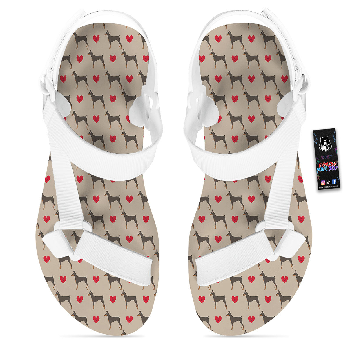 Dobermann Heart Print Pattern White Open Toe Sandals-grizzshop
