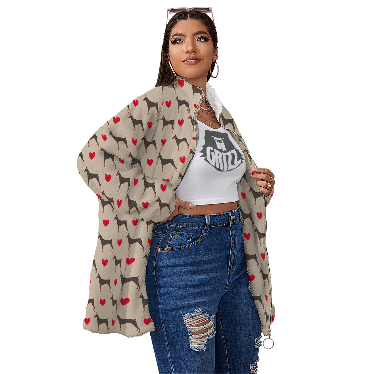 Dobermann Heart Print Pattern Women's Sherpa Jacket-grizzshop