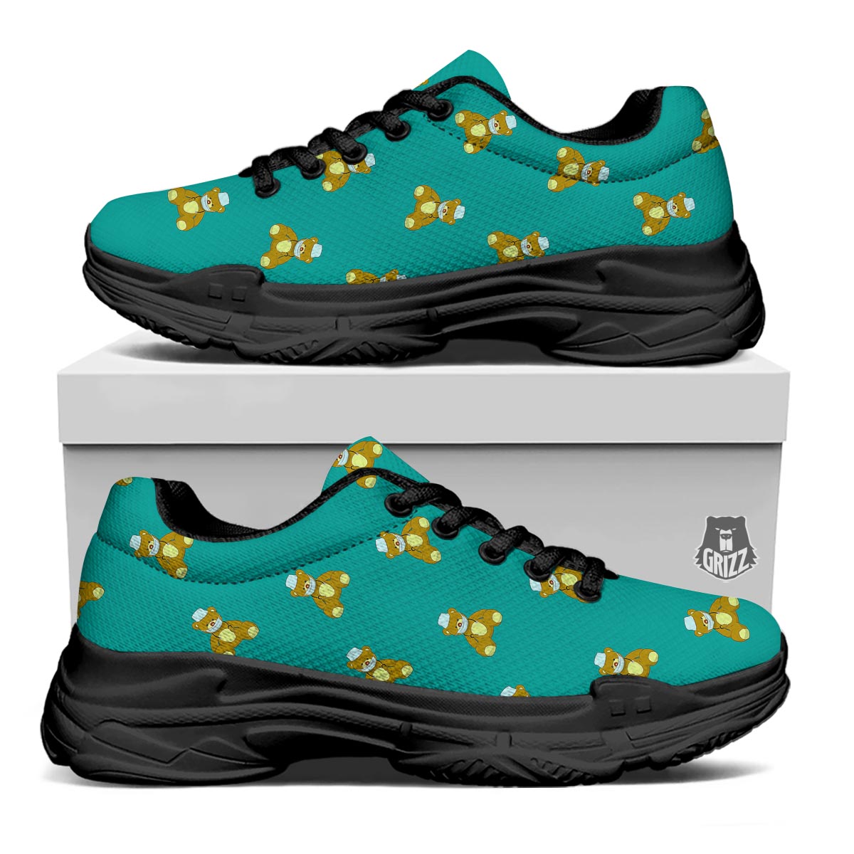 Doctor Teddy Bear Print Pattern Black Chunky Shoes-grizzshop