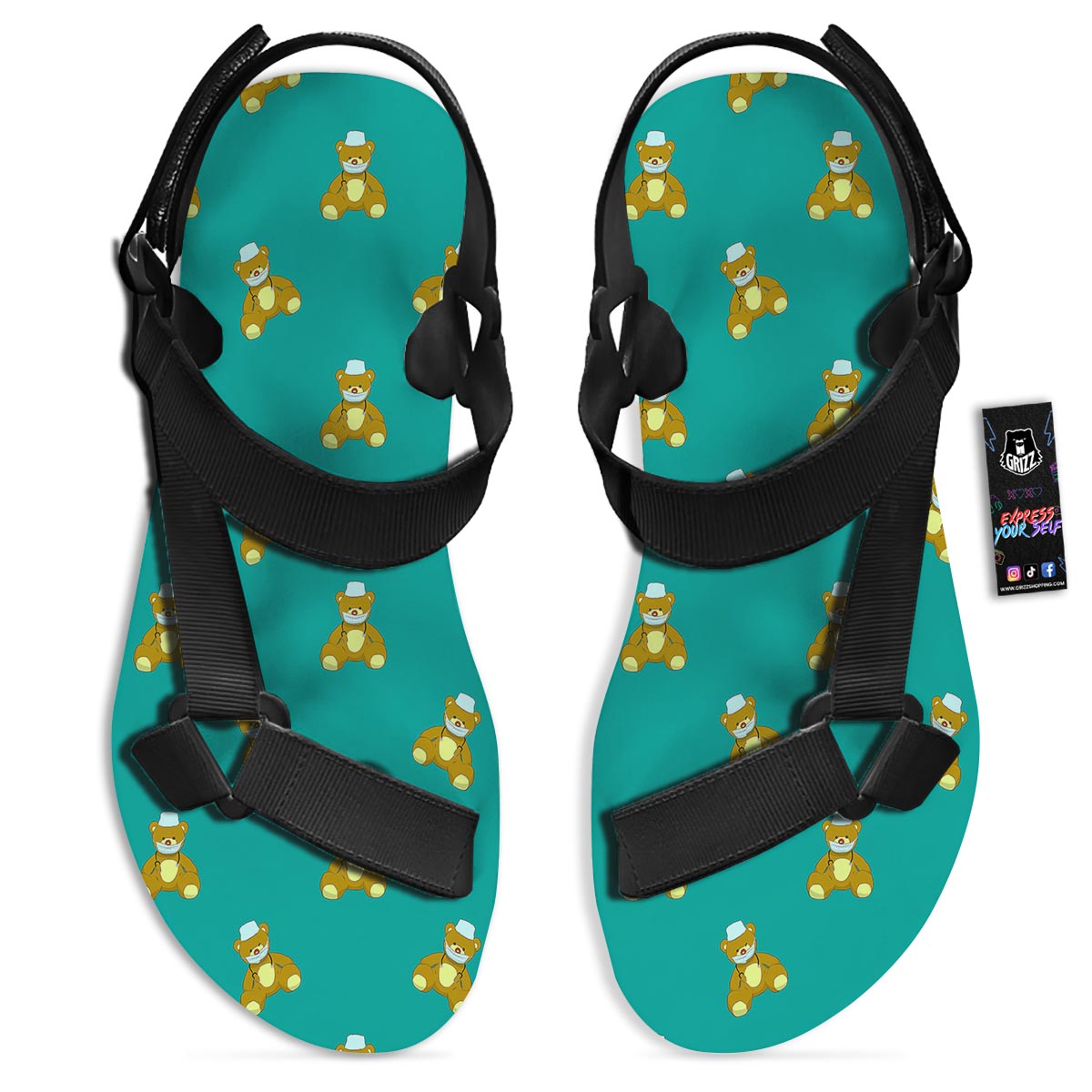 Doctor Teddy Bear Print Pattern Black Open Toe Sandals-grizzshop