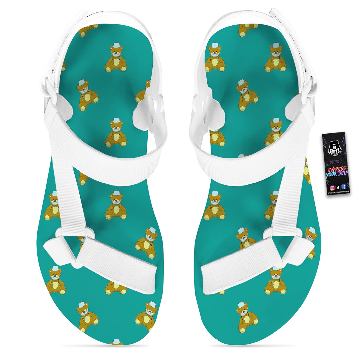 Doctor Teddy Bear Print Pattern White Open Toe Sandals-grizzshop