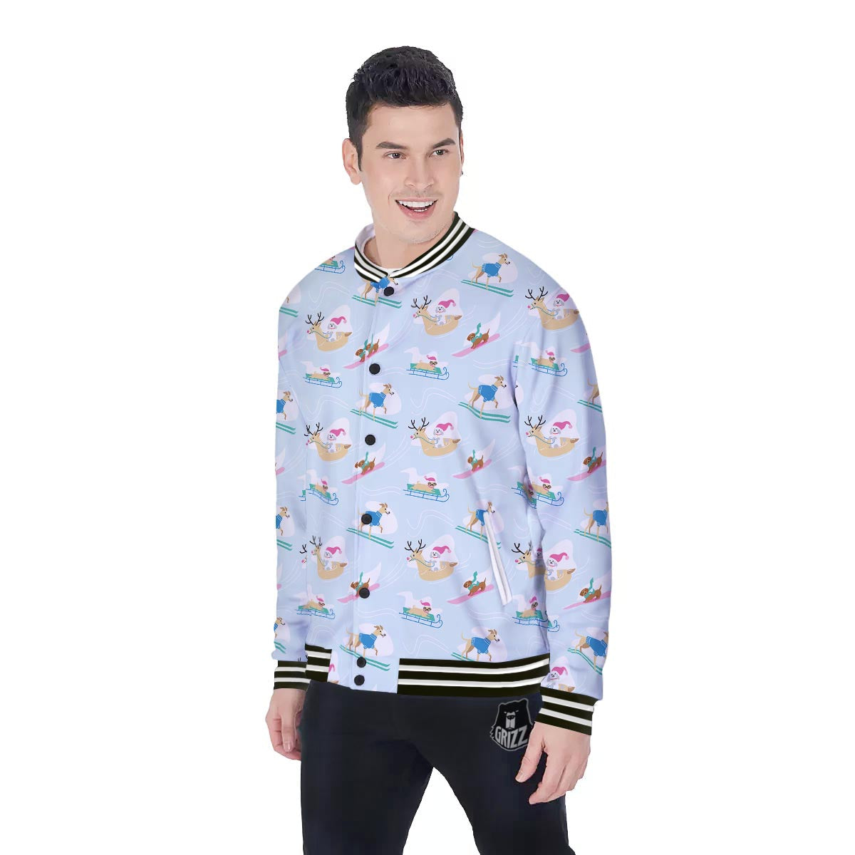Dog Skiing Print Pattern Baseball Jacket-grizzshop