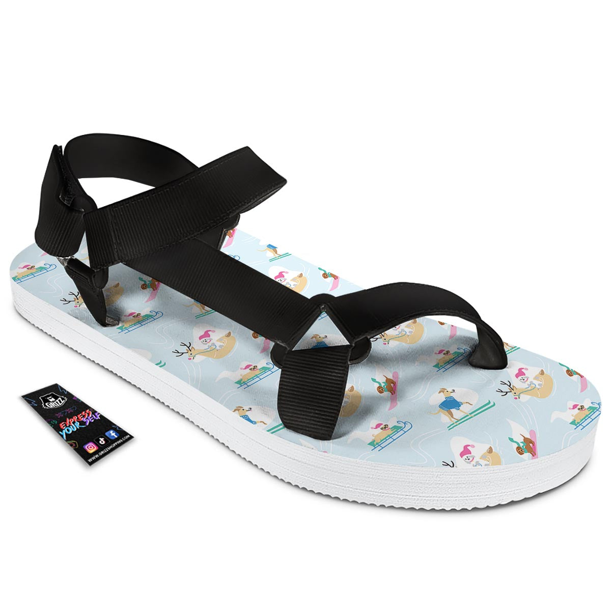 Dog Skiing Print Pattern Black Open Toe Sandals-grizzshop