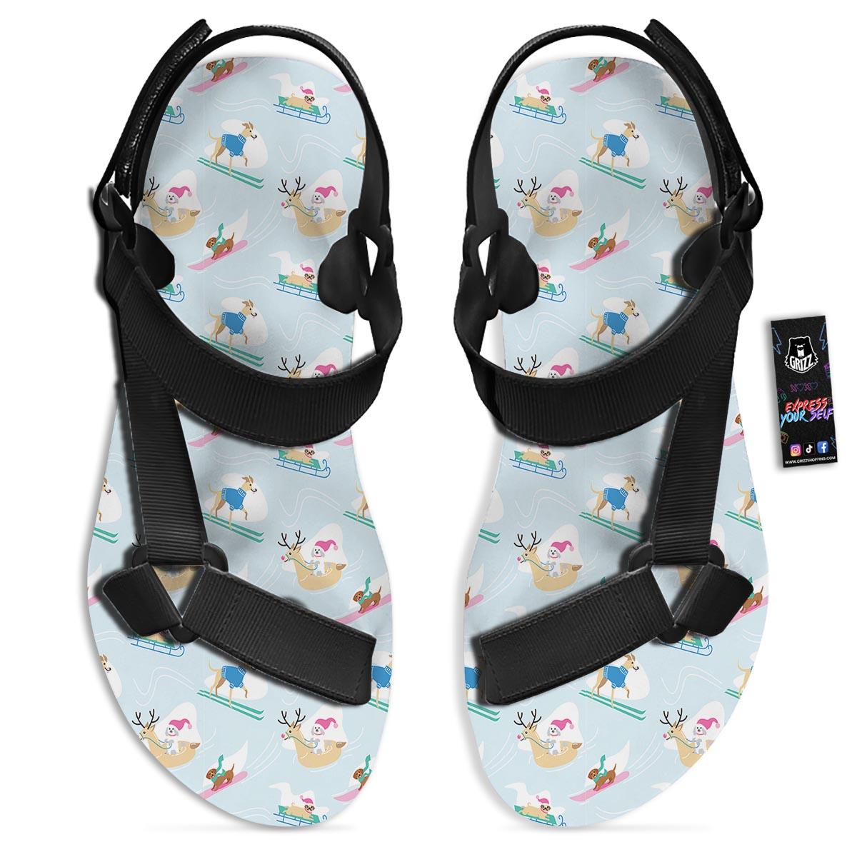 Dog Skiing Print Pattern Black Open Toe Sandals-grizzshop