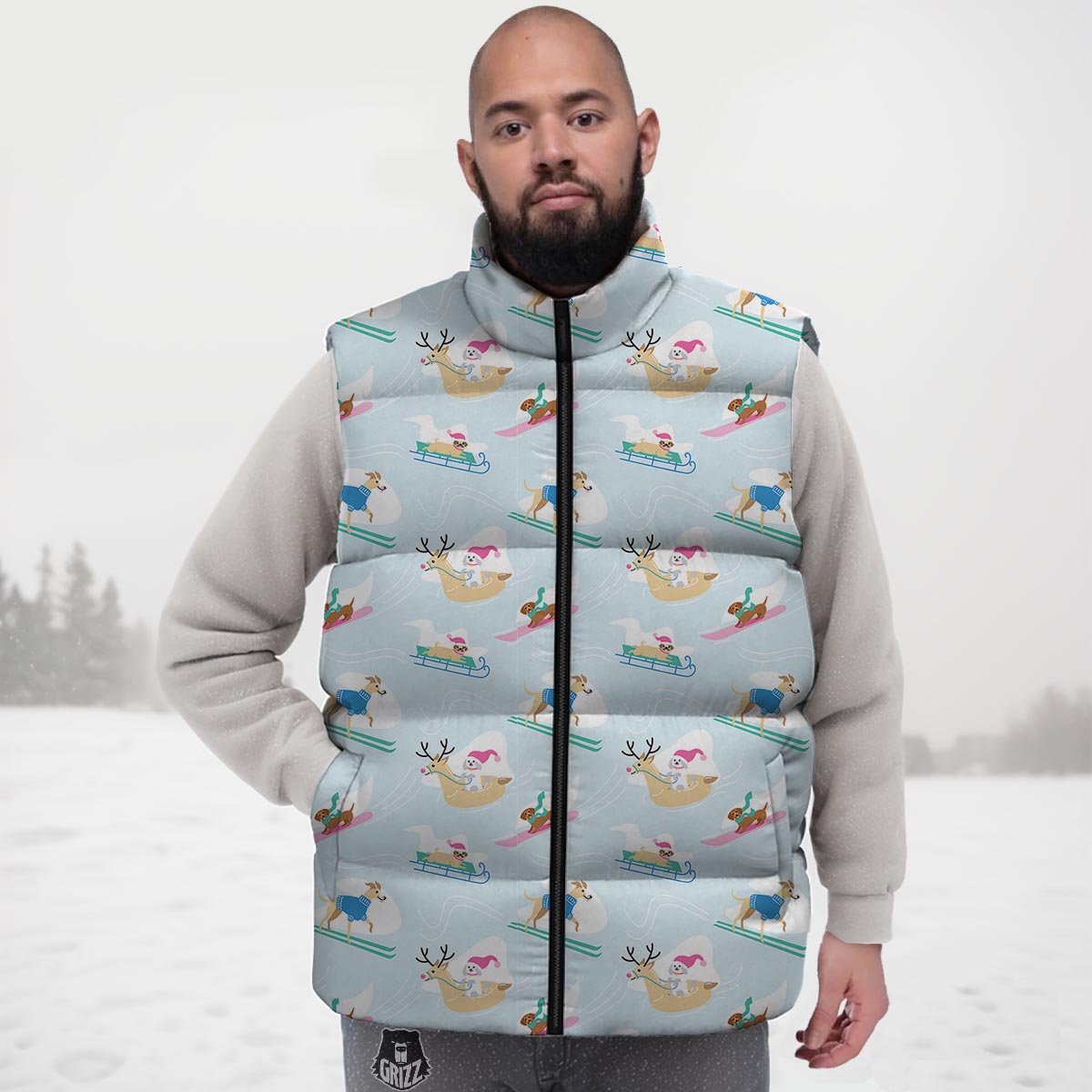 Dog Skiing Print Pattern Down Vest-grizzshop