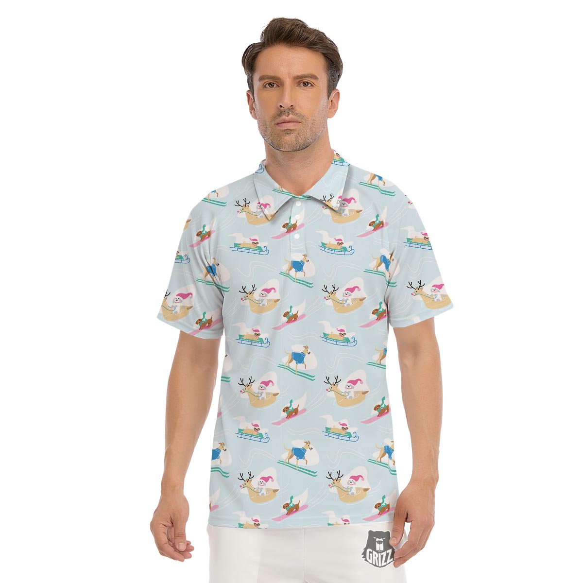 Dog Skiing Print Pattern Men's Golf Shirts-grizzshop